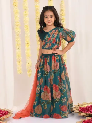 VASTRAMAY Girls'  Green Printed Organza Lehenga With Dupatta Set