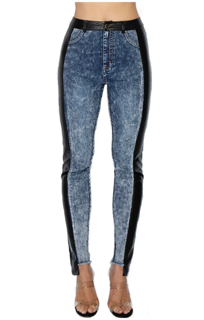 Vegan Leather Denim Skinny Pants - Black/Denim