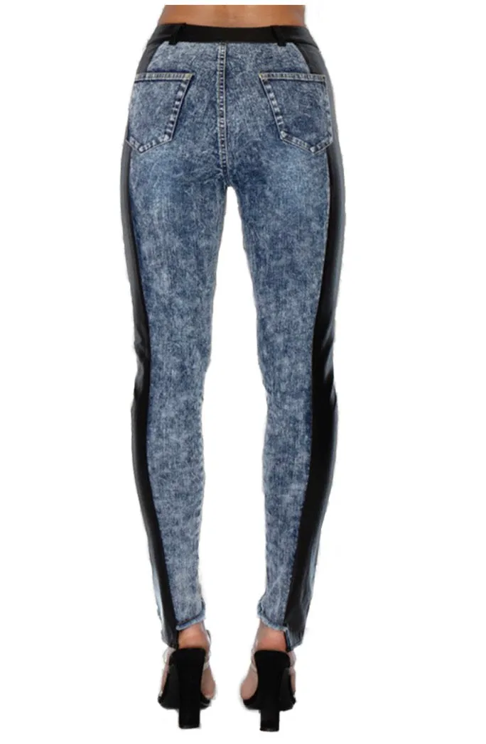 Vegan Leather Denim Skinny Pants - Black/Denim