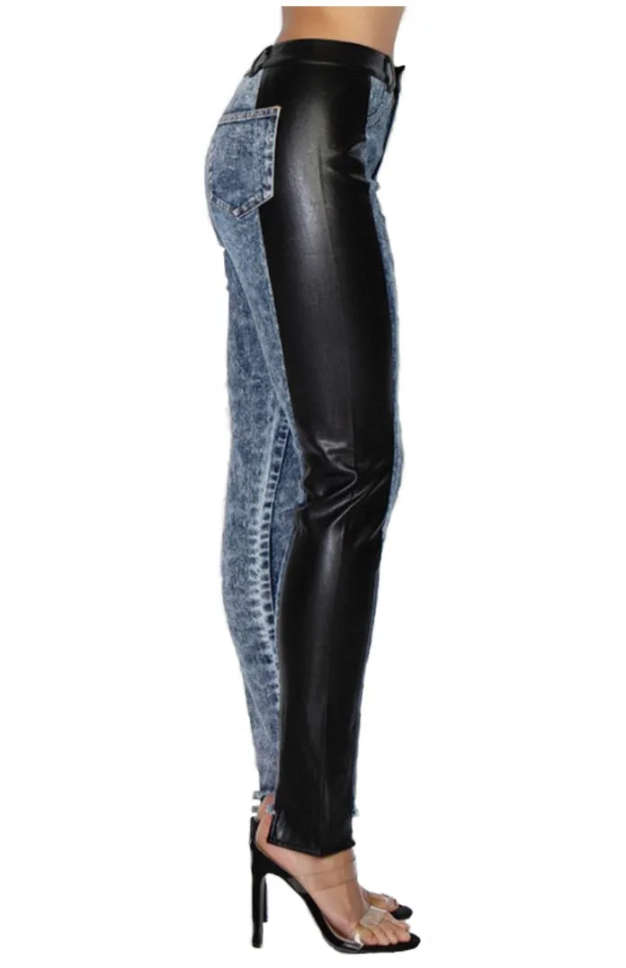 Vegan Leather Denim Skinny Pants - Black/Denim