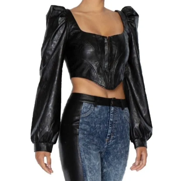 Vegan Leather Denim Skinny Pants - Black/Denim
