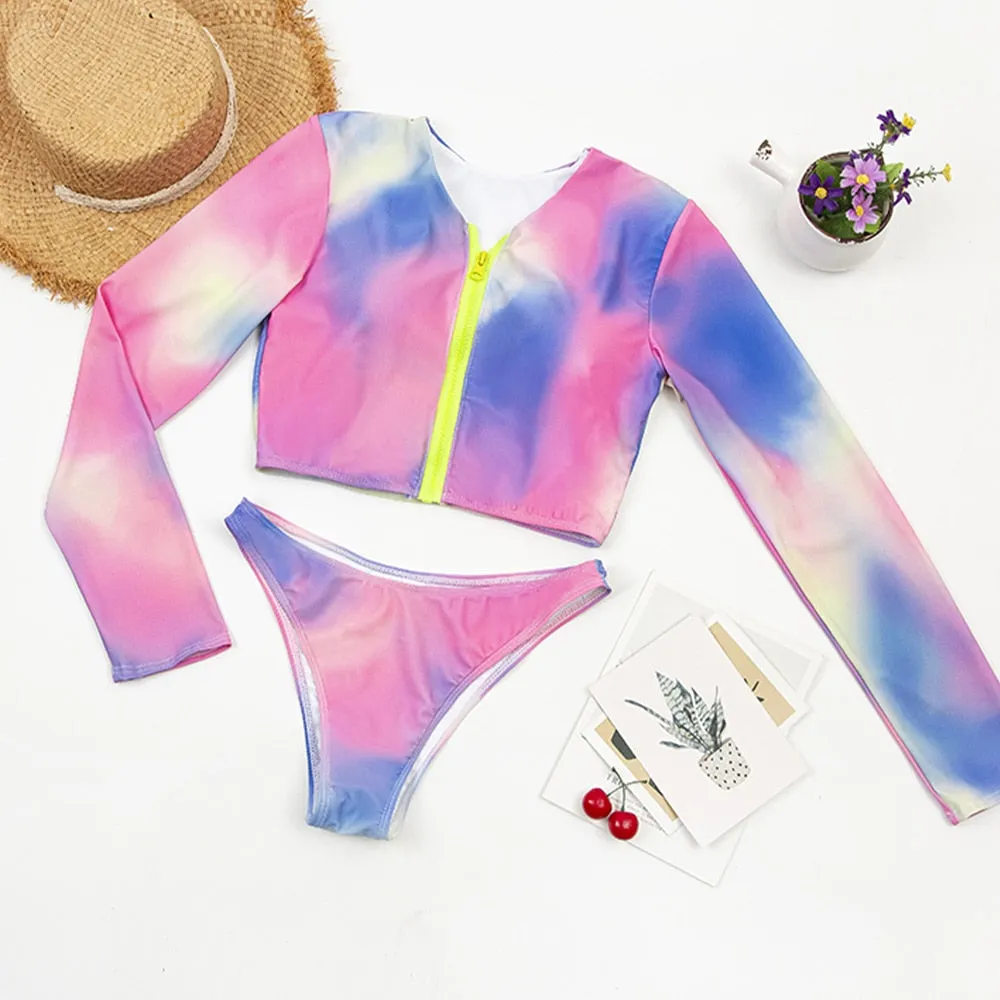 VenusFox long sleeve swimsuit two piece long sleeve bikini  Zipper bathing suit white bikini buckle swimsuit buckle bikini thong sexy set