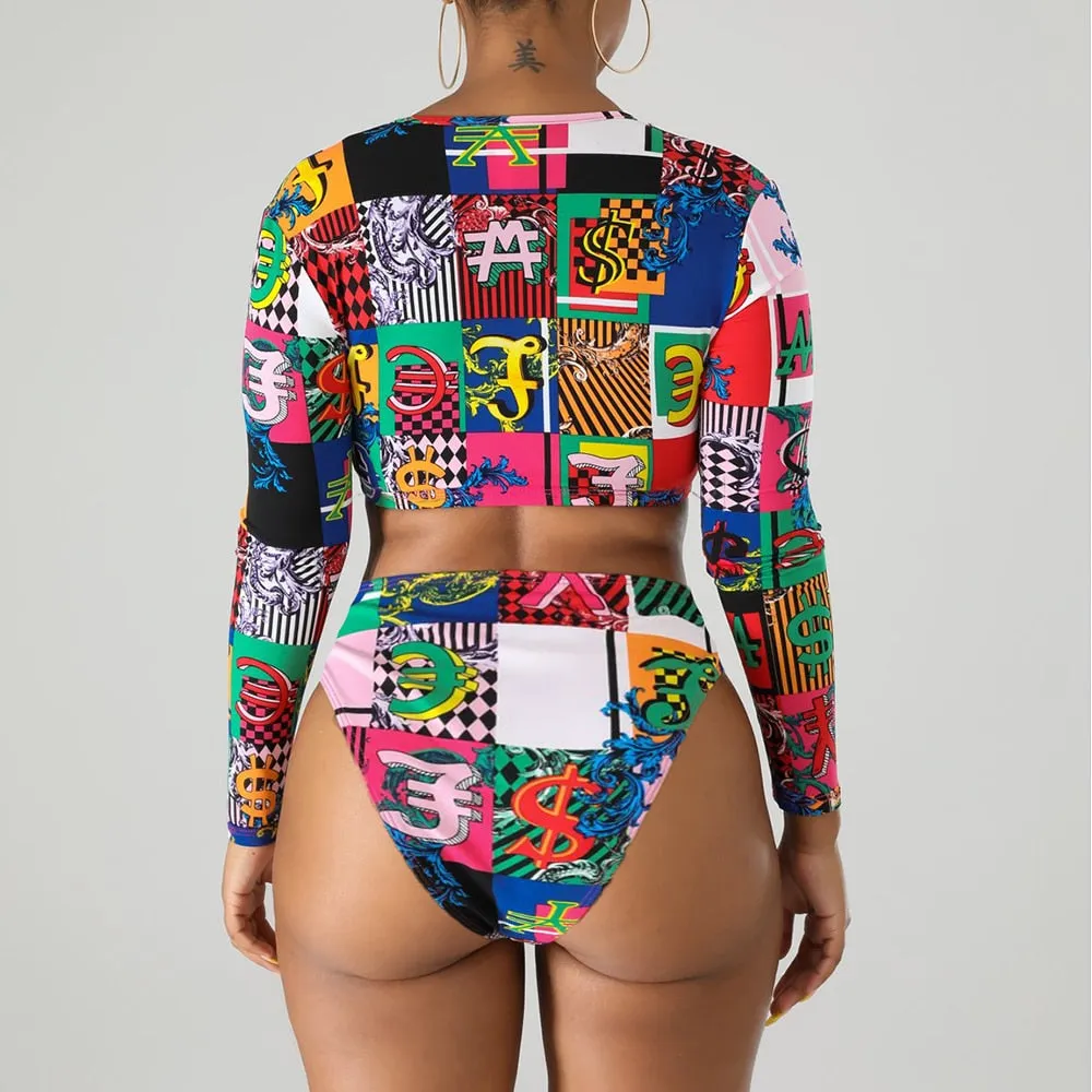 VenusFox long sleeve swimsuit two piece long sleeve bikini  Zipper bathing suit white bikini buckle swimsuit buckle bikini thong sexy set