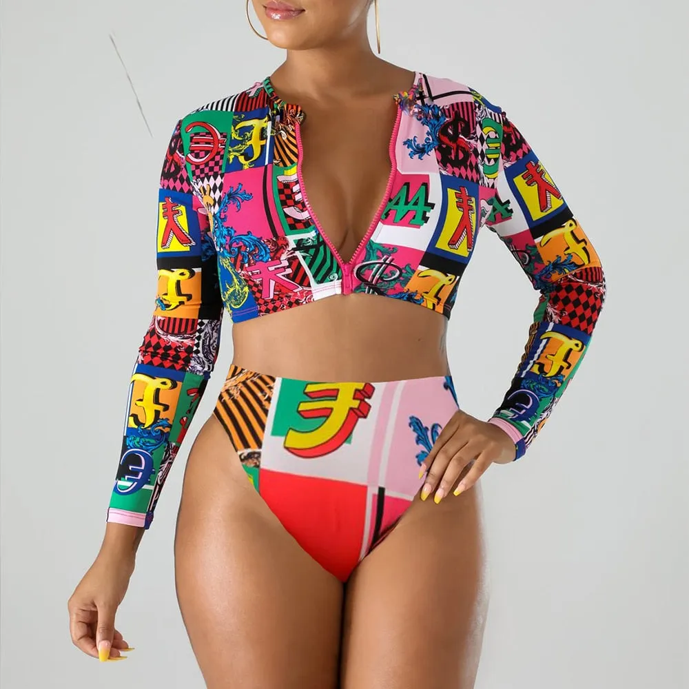 VenusFox long sleeve swimsuit two piece long sleeve bikini  Zipper bathing suit white bikini buckle swimsuit buckle bikini thong sexy set