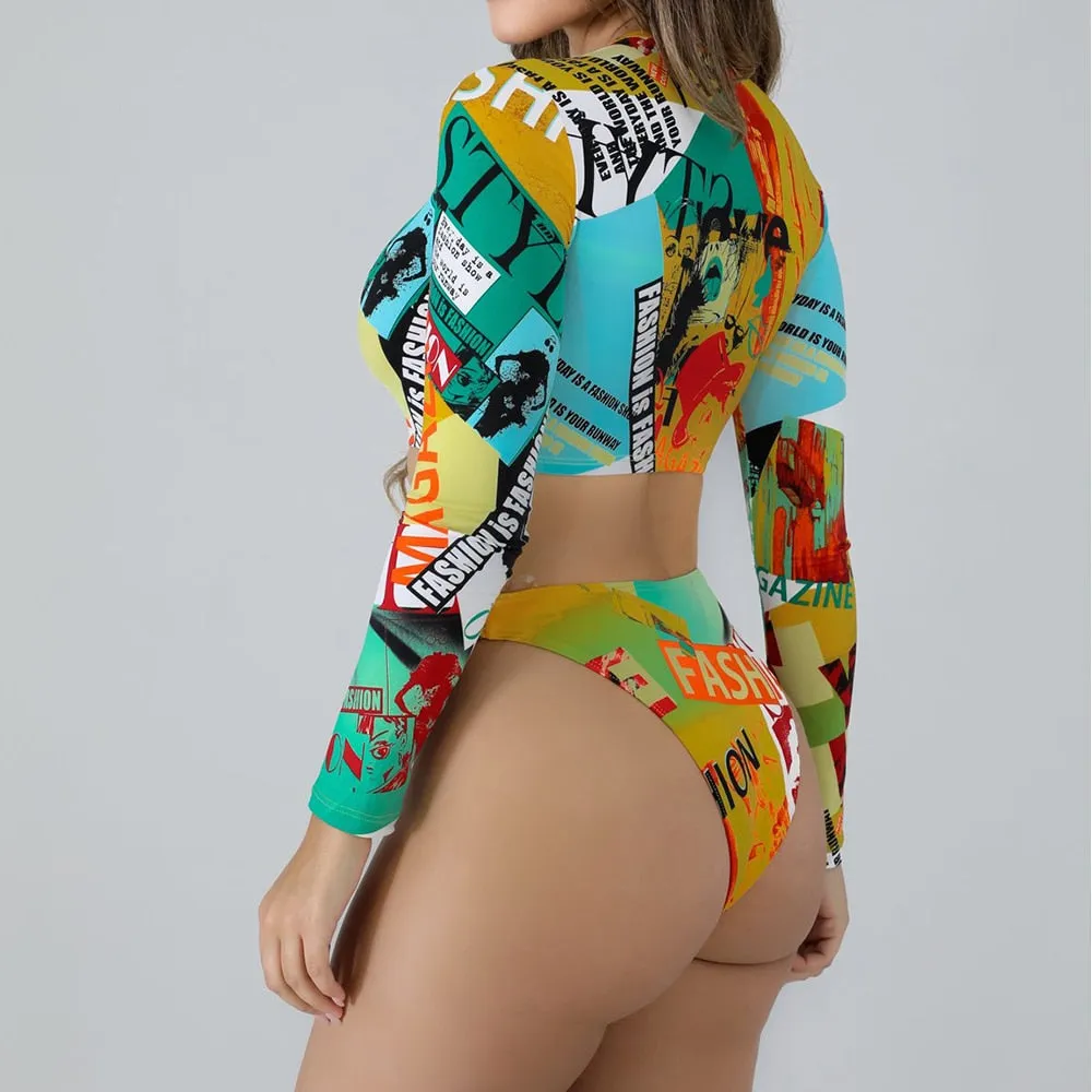 VenusFox long sleeve swimsuit two piece long sleeve bikini  Zipper bathing suit white bikini buckle swimsuit buckle bikini thong sexy set