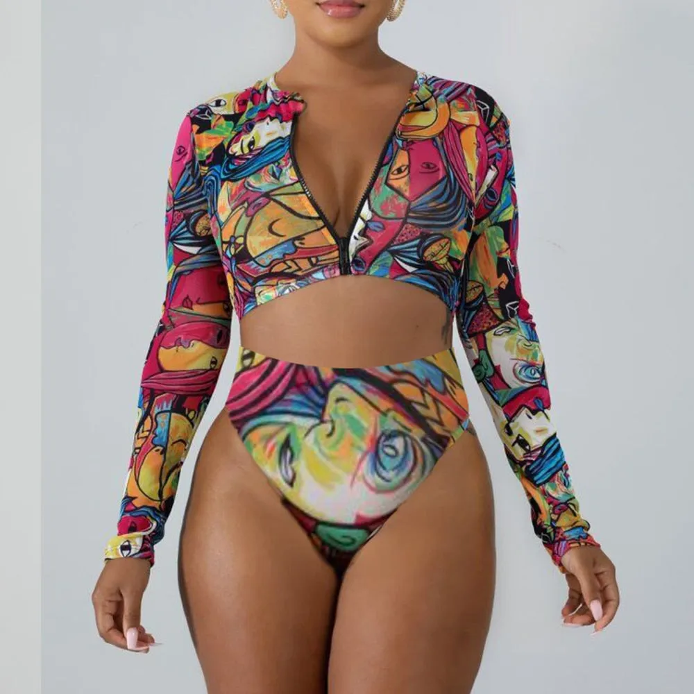 VenusFox long sleeve swimsuit two piece long sleeve bikini  Zipper bathing suit white bikini buckle swimsuit buckle bikini thong sexy set