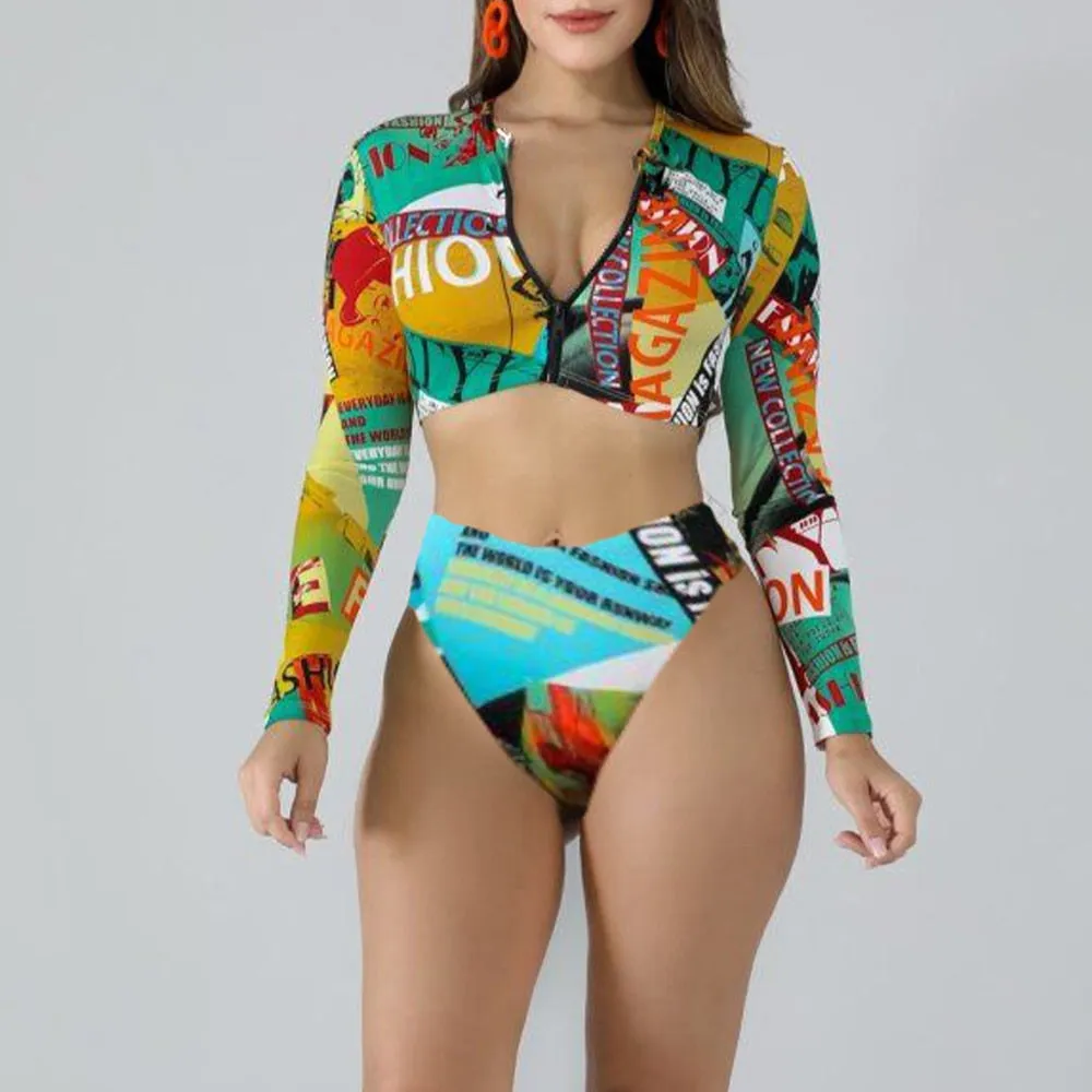VenusFox long sleeve swimsuit two piece long sleeve bikini  Zipper bathing suit white bikini buckle swimsuit buckle bikini thong sexy set