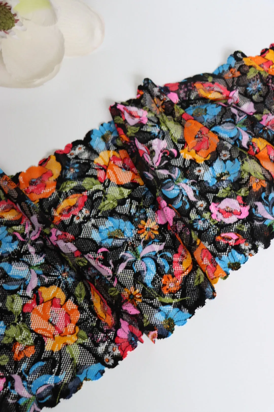 Vibrant Floral on Black 7.5" Wide Stretch Lace