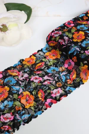 Vibrant Floral on Black 7.5" Wide Stretch Lace