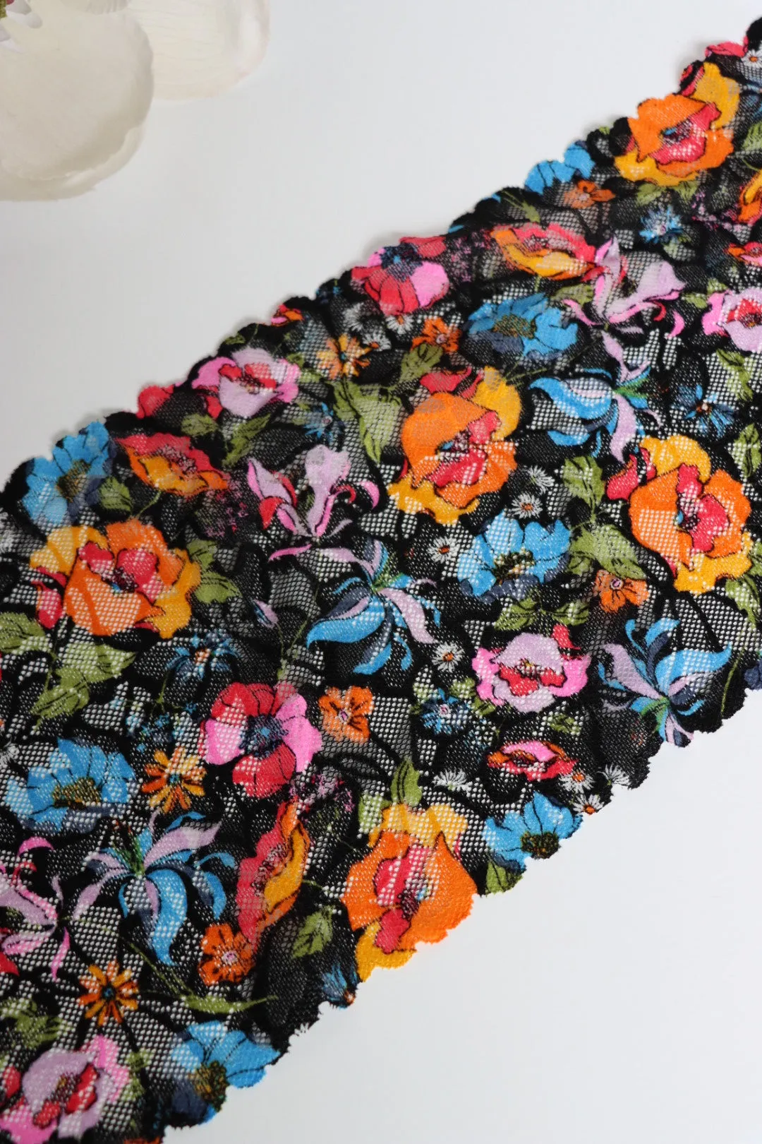 Vibrant Floral on Black 7.5" Wide Stretch Lace