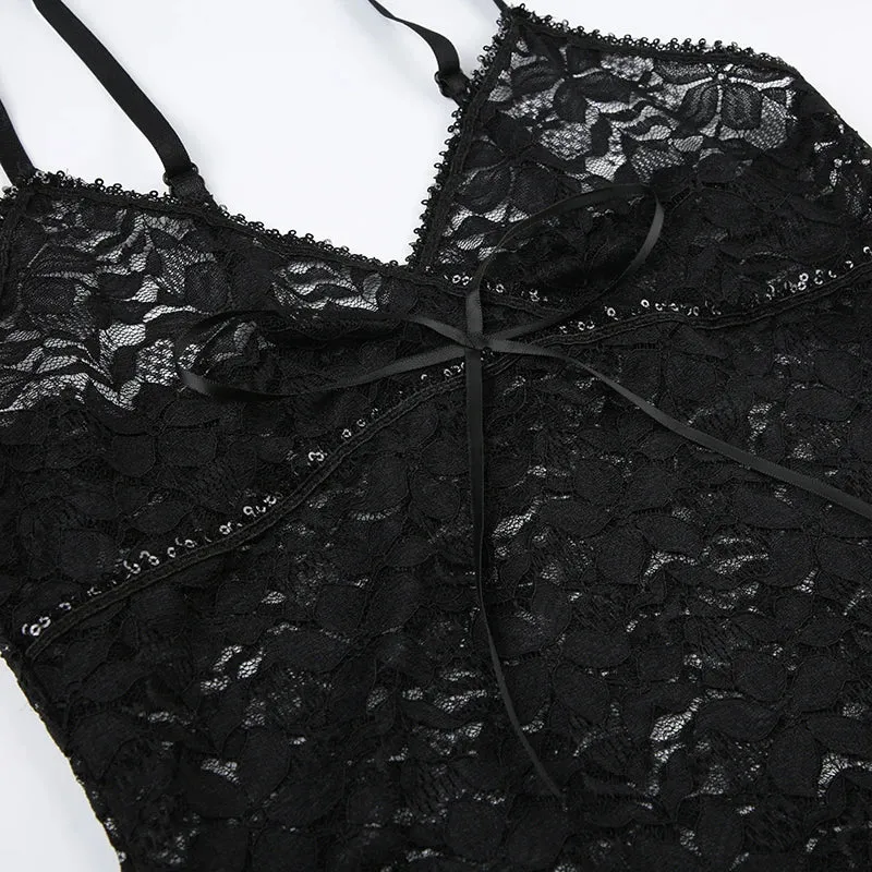 Vintage Black Bow Strap V Neck Lace Top