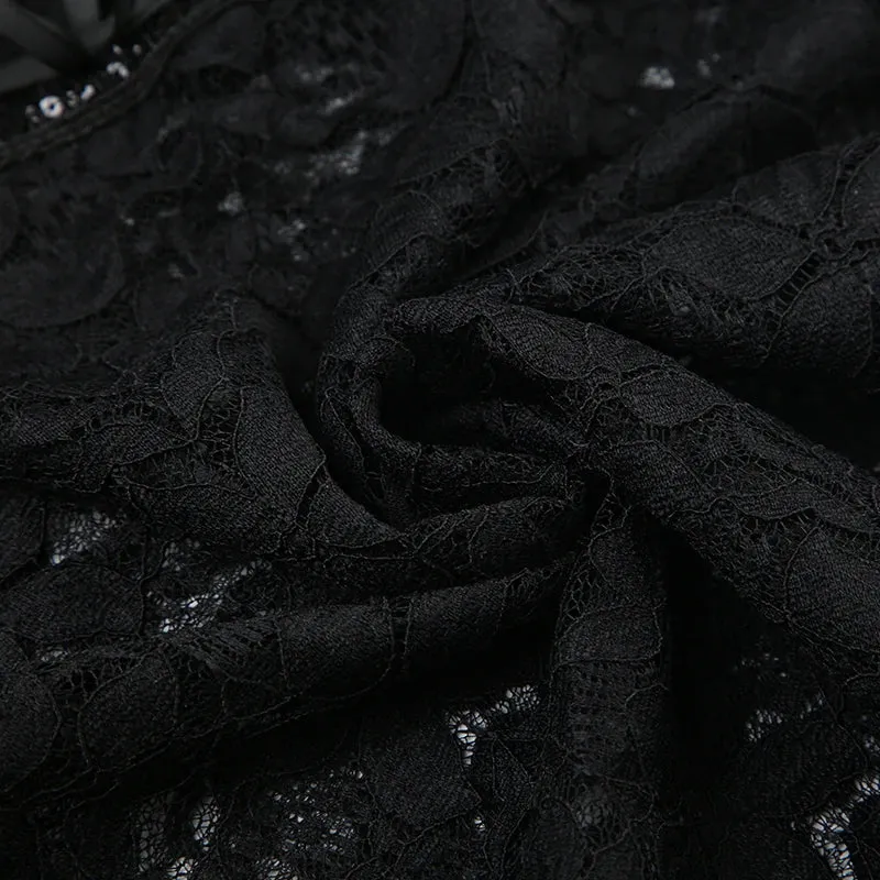 Vintage Black Bow Strap V Neck Lace Top