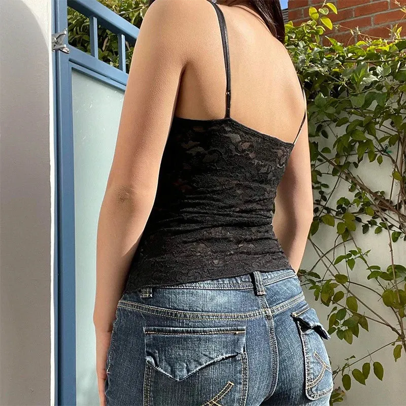 Vintage Black Bow Strap V Neck Lace Top
