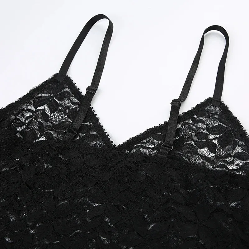 Vintage Black Bow Strap V Neck Lace Top