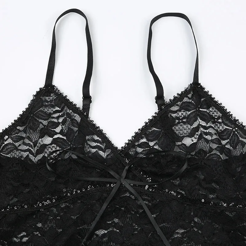 Vintage Black Bow Strap V Neck Lace Top