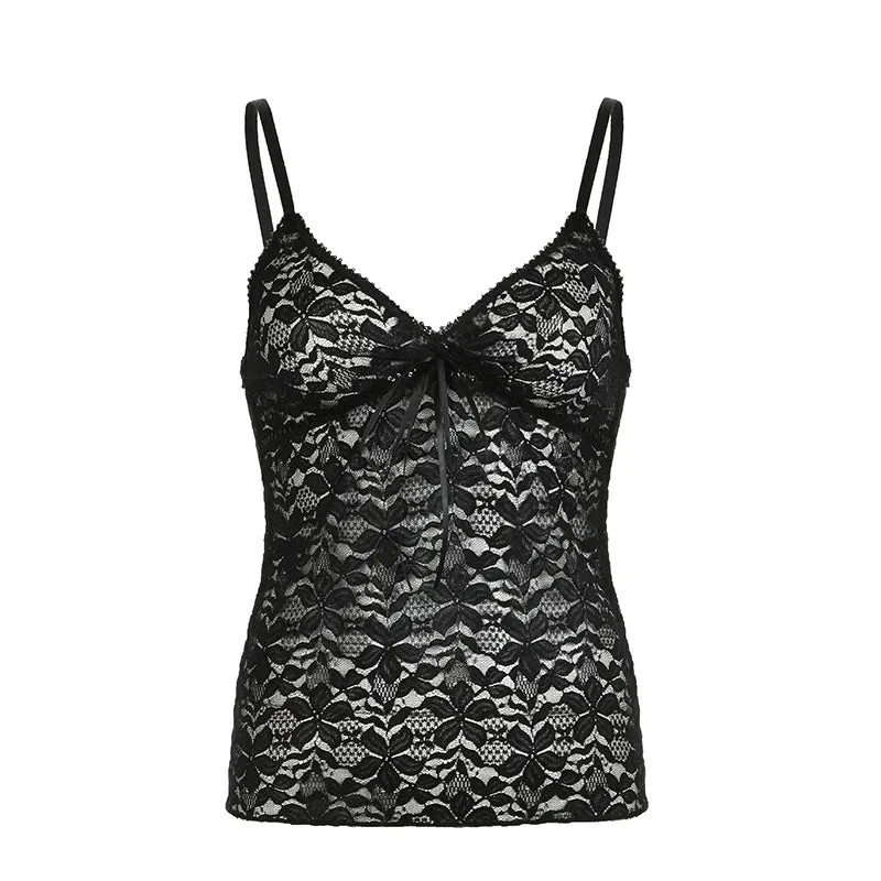 Vintage Black Bow Strap V Neck Lace Top