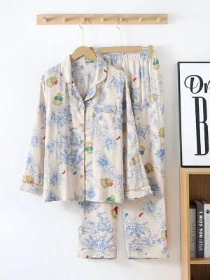 Vintage Blue Flowers Long Sleeve Pajama Set