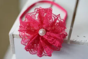 Vintage Lace Flower Headband Hot Pink