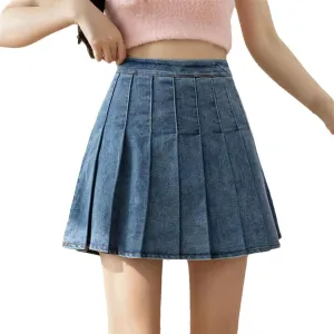 Vintage Pleated Denim Mini Skirts Women Summer Sexy Casual Zipper Fly Slim A-Line Mini Skirts