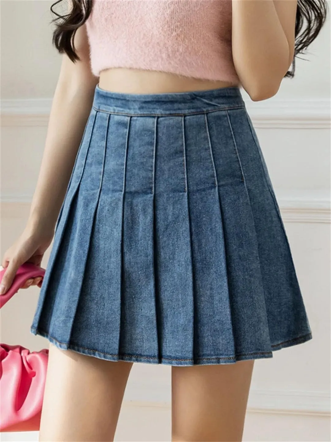 Vintage Pleated Denim Mini Skirts Women Summer Sexy Casual Zipper Fly Slim A-Line Mini Skirts