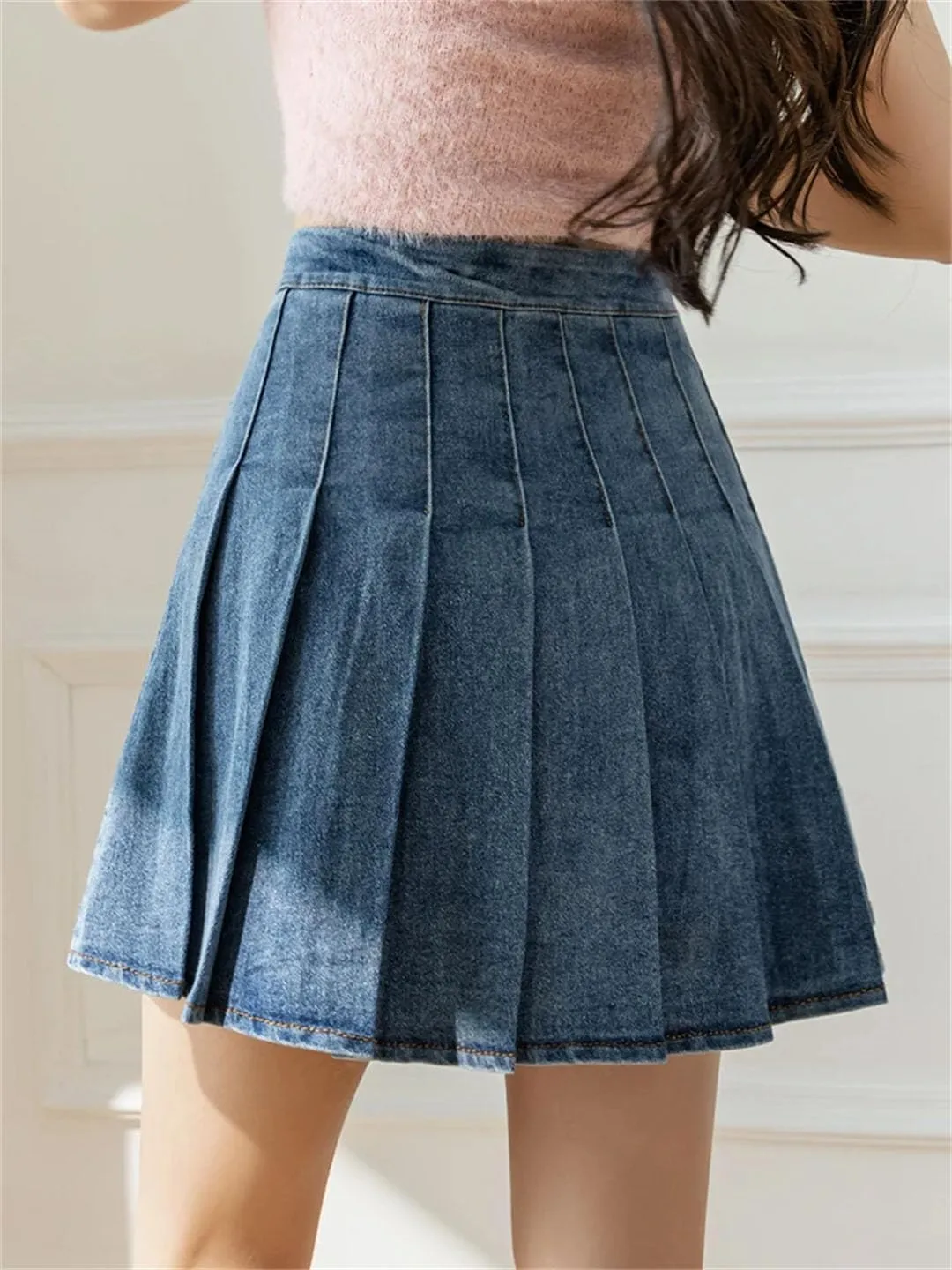Vintage Pleated Denim Mini Skirts Women Summer Sexy Casual Zipper Fly Slim A-Line Mini Skirts