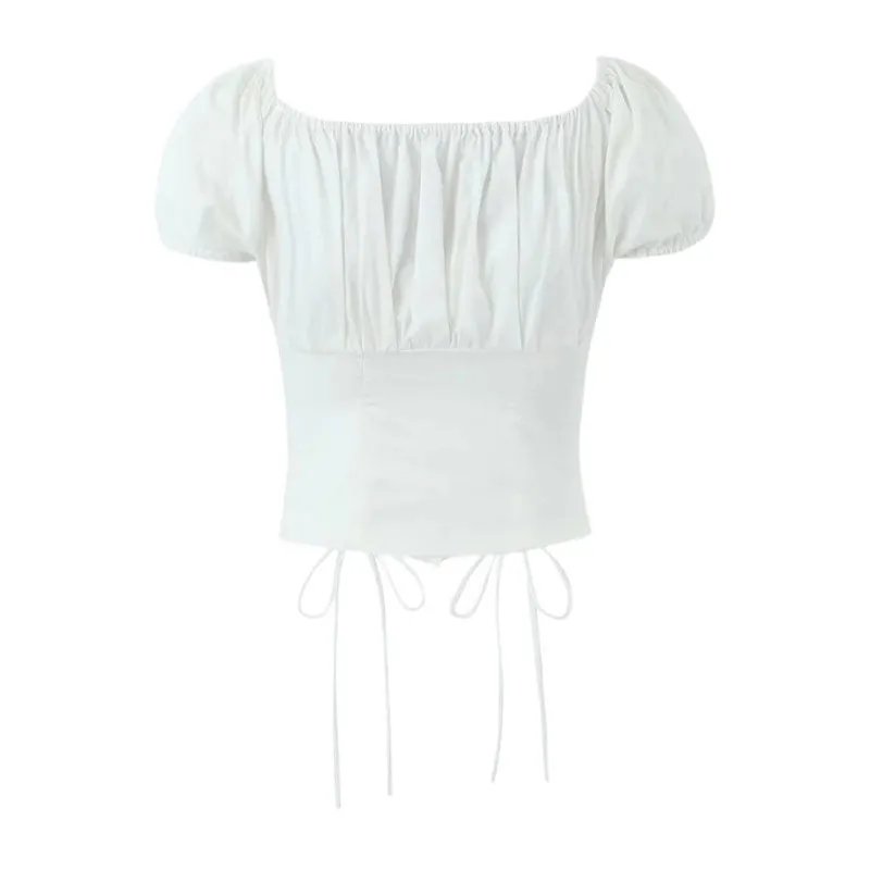 Vintage Ruched Square Neck Cap Sleeve Bow Tie Button Down Crop Top