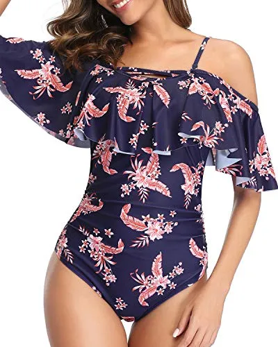 Vintage Ruffle Swimwear For Women Off Shoulder One Piece Swimsuits-Blue Floral