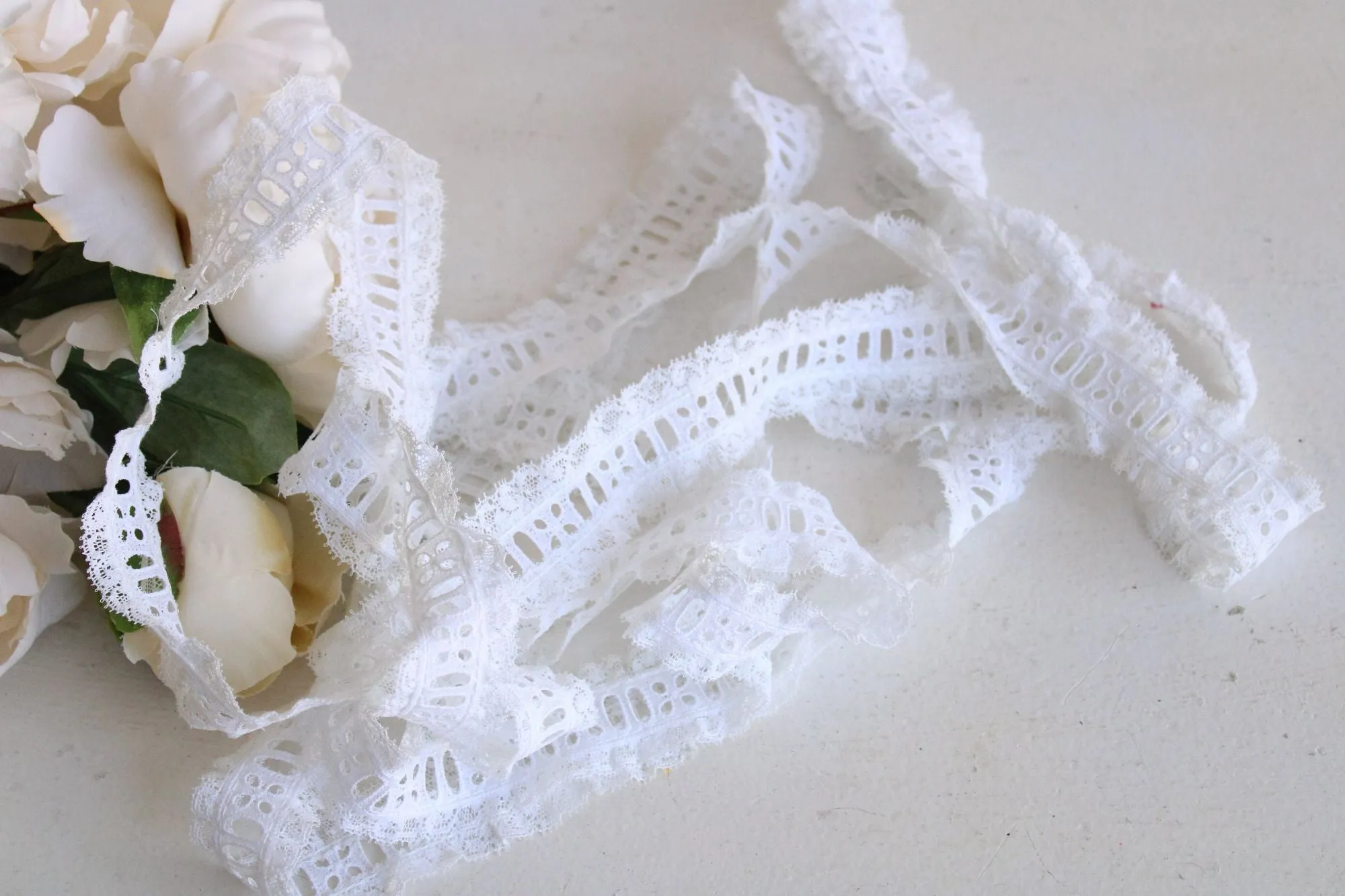 Vintage White Ruffled Lace Trim, Ribbon Insert, 1.25" wide, 3 Yards