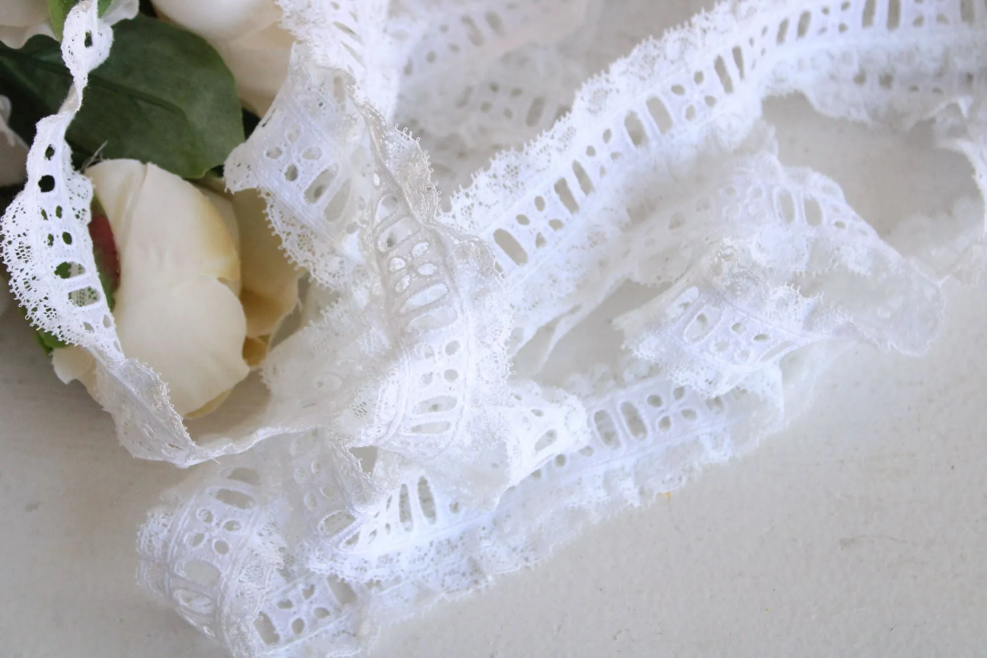 Vintage White Ruffled Lace Trim, Ribbon Insert, 1.25" wide, 3 Yards