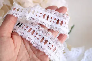 Vintage White Ruffled Lace Trim, Ribbon Insert, 1.25" wide, 3 Yards