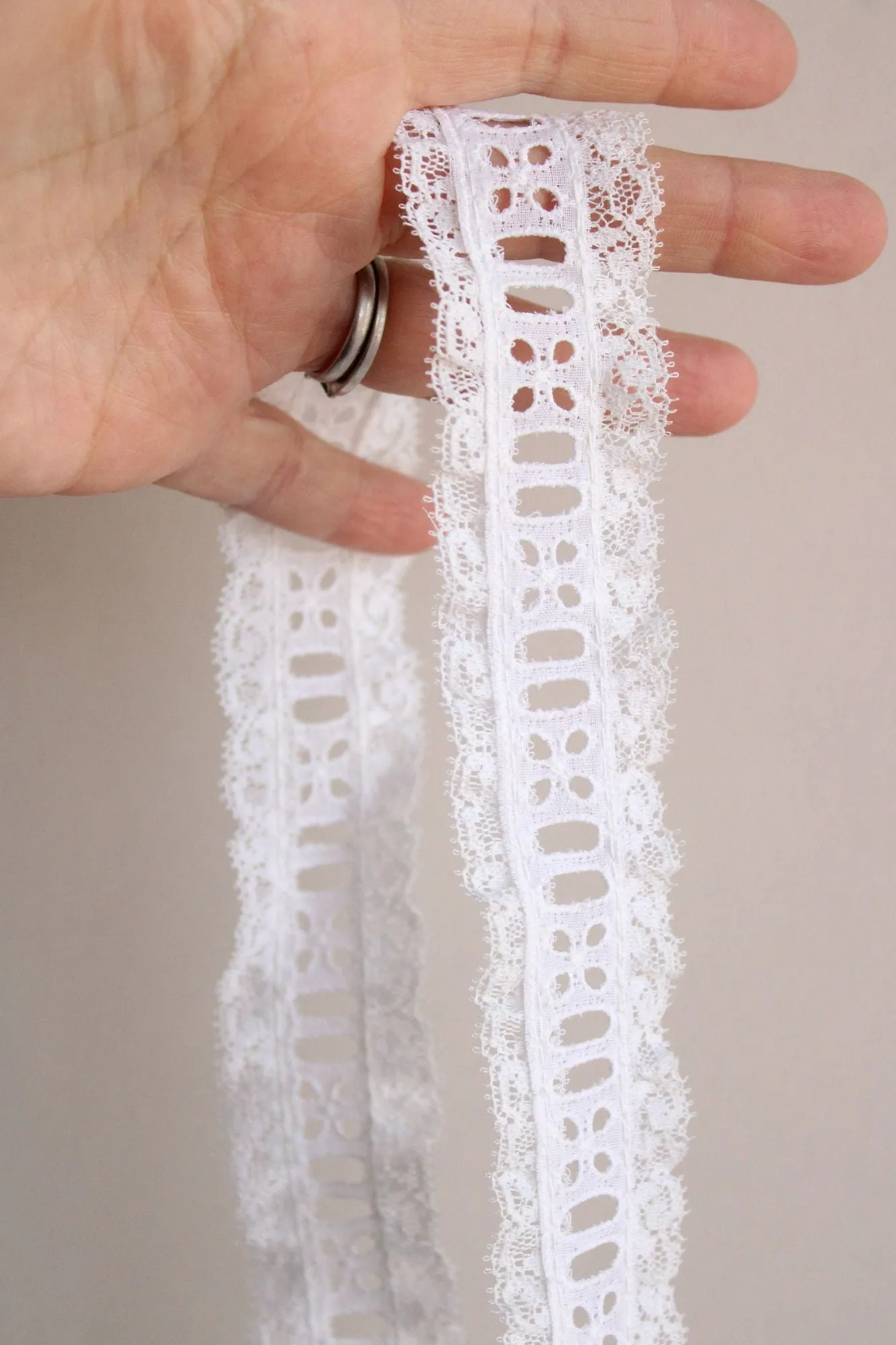 Vintage White Ruffled Lace Trim, Ribbon Insert, 1.25" wide, 3 Yards
