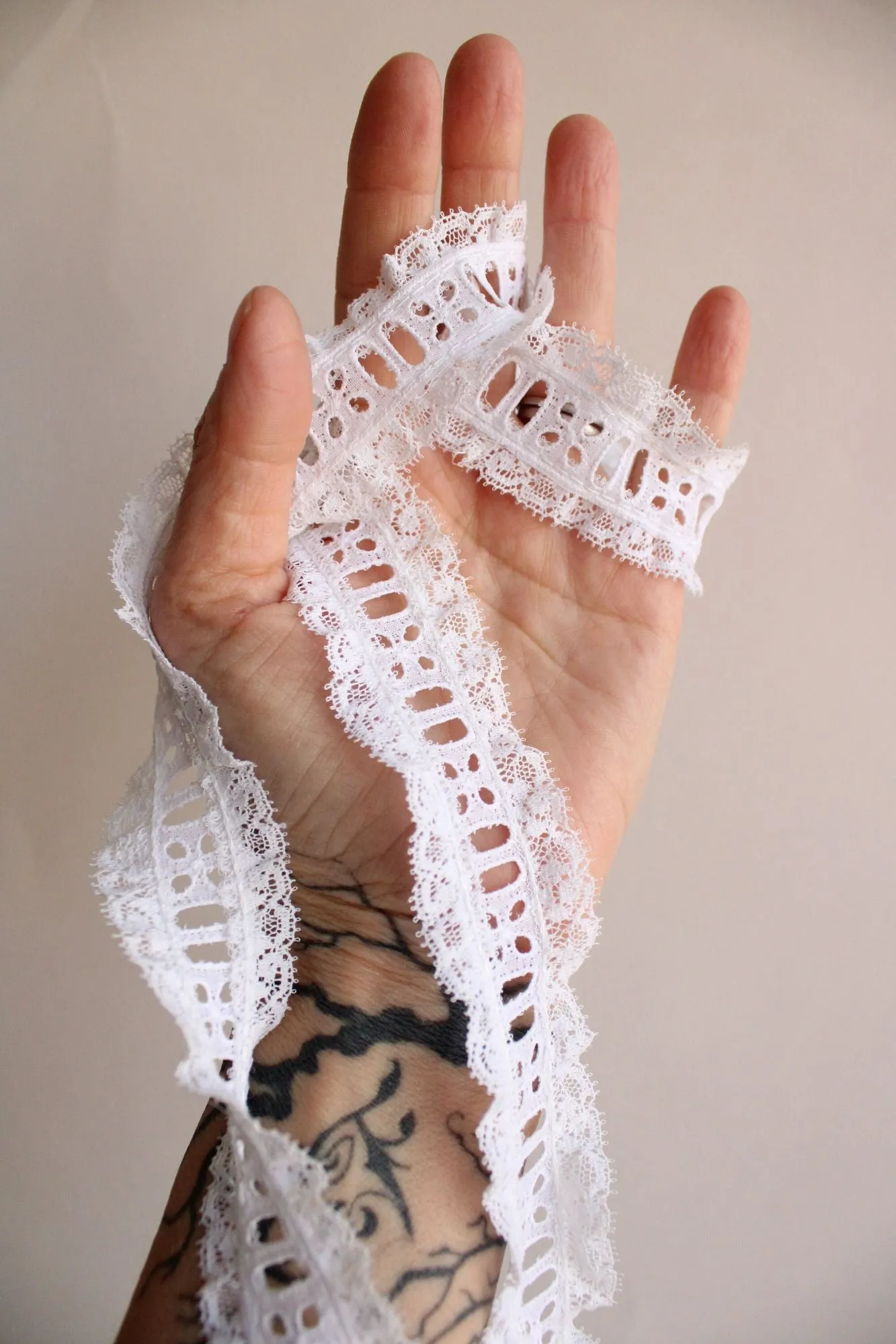 Vintage White Ruffled Lace Trim, Ribbon Insert, 1.25" wide, 3 Yards