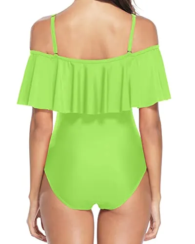 Vintage Women Off Shoulder One Piece Swimsuits Tummy Control Bathing Suits-Neon Green