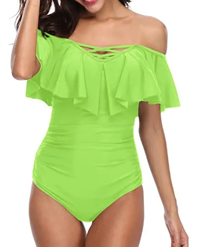 Vintage Women Off Shoulder One Piece Swimsuits Tummy Control Bathing Suits-Neon Green