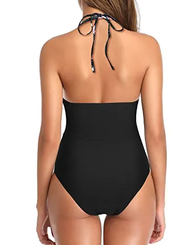 Vintage Women's One Piece Swimsuit Tummy Control Halter Swimwear-Black Floral