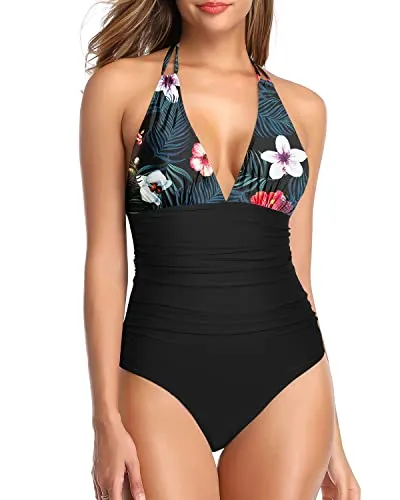 Vintage Women's One Piece Swimsuit Tummy Control Halter Swimwear-Black Floral