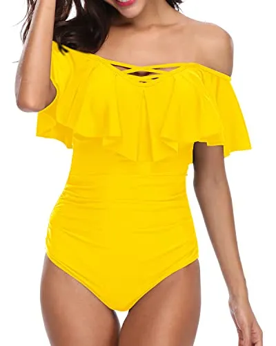 Vintage Women's Tummy Control Bathing Suits Off Shoulder One Piece Swimsuits-Neon Yellow