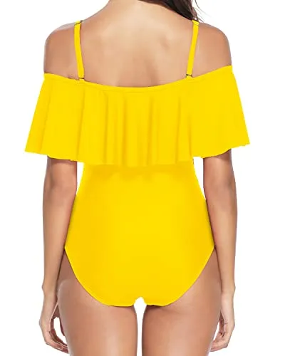 Vintage Women's Tummy Control Bathing Suits Off Shoulder One Piece Swimsuits-Neon Yellow