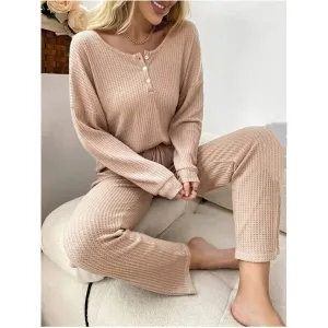 Waffle Knit Tops Lace-up Trousers Two-piece Set