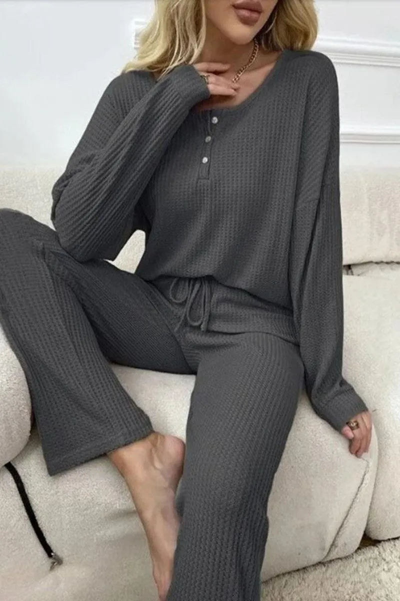 Waffle Knit Tops Lace-up Trousers Two-piece Set