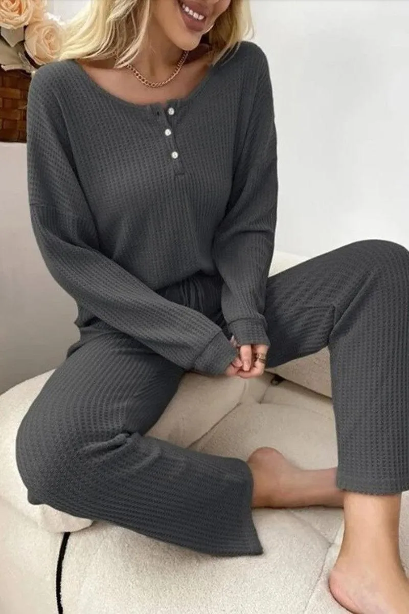 Waffle Knit Tops Lace-up Trousers Two-piece Set