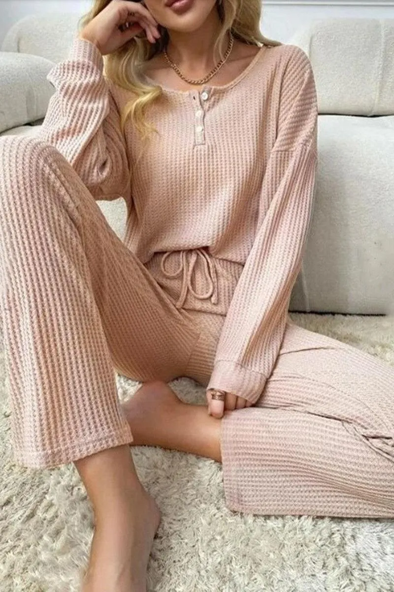 Waffle Knit Tops Lace-up Trousers Two-piece Set