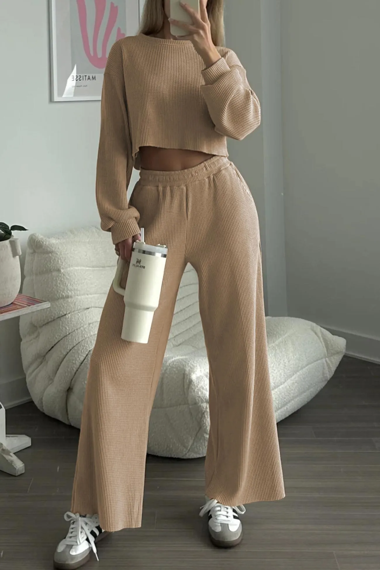 Waffle Solid Sweatshirt Long Pants Set
