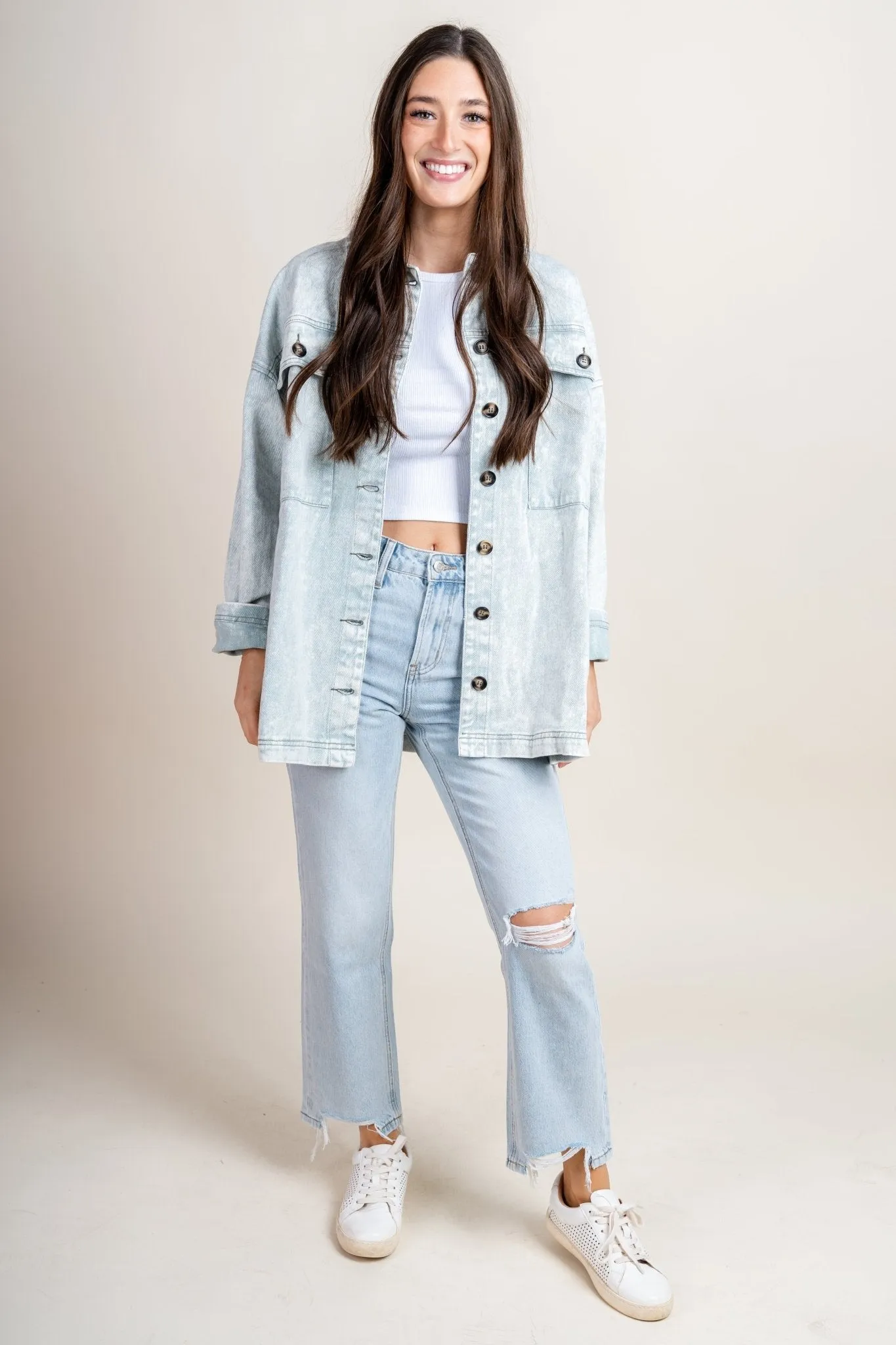 Washed oversized denim shacket mint