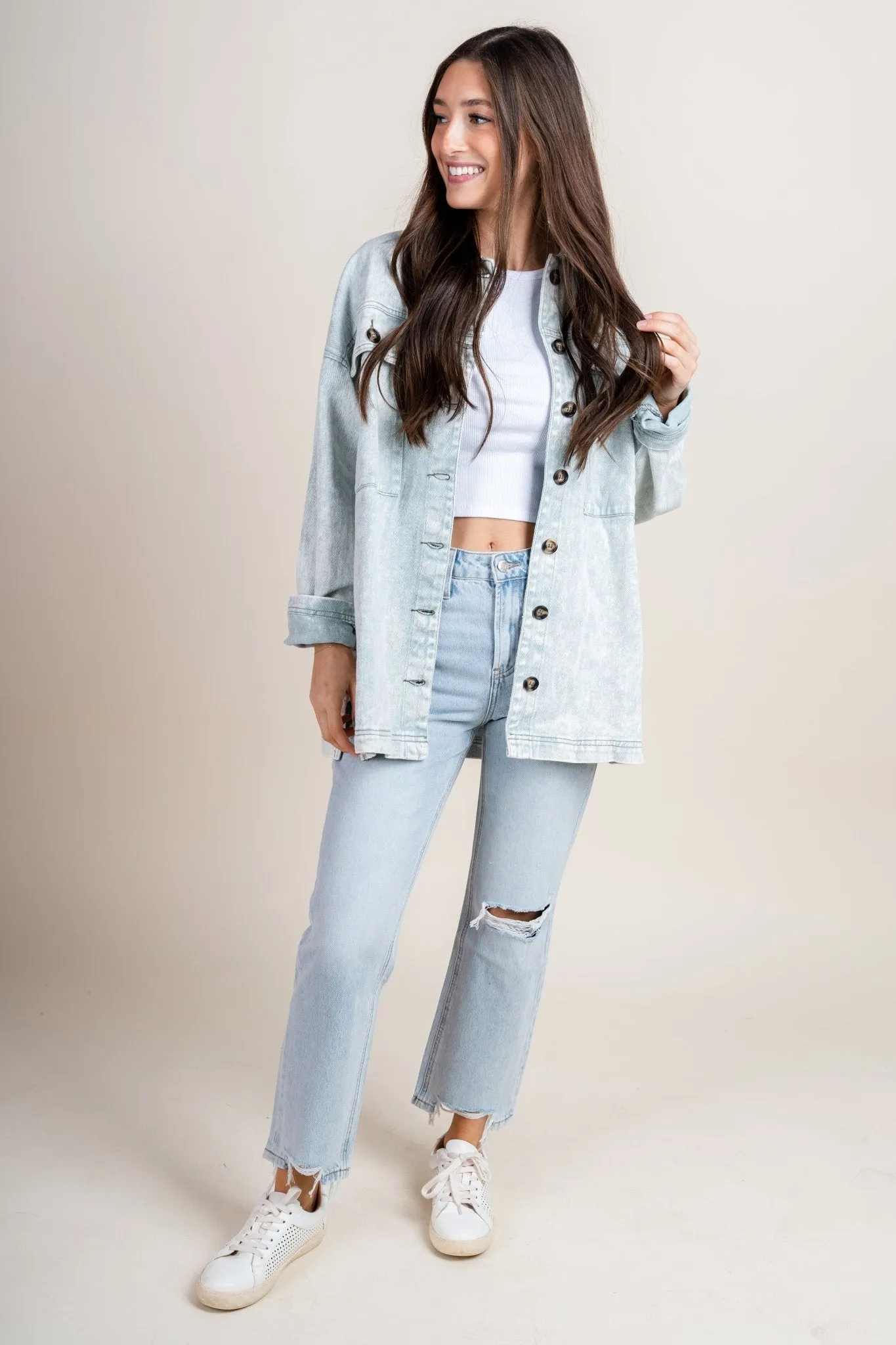 Washed oversized denim shacket mint