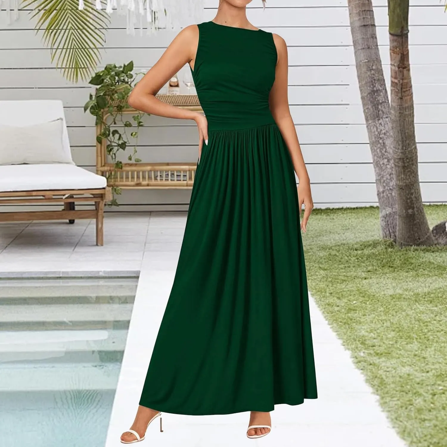 Wedding Guest Dresses for Women A Line Dresses Sleeveless Crewneck High Waist Flowy Ruffle Hem Swing Dress 2025