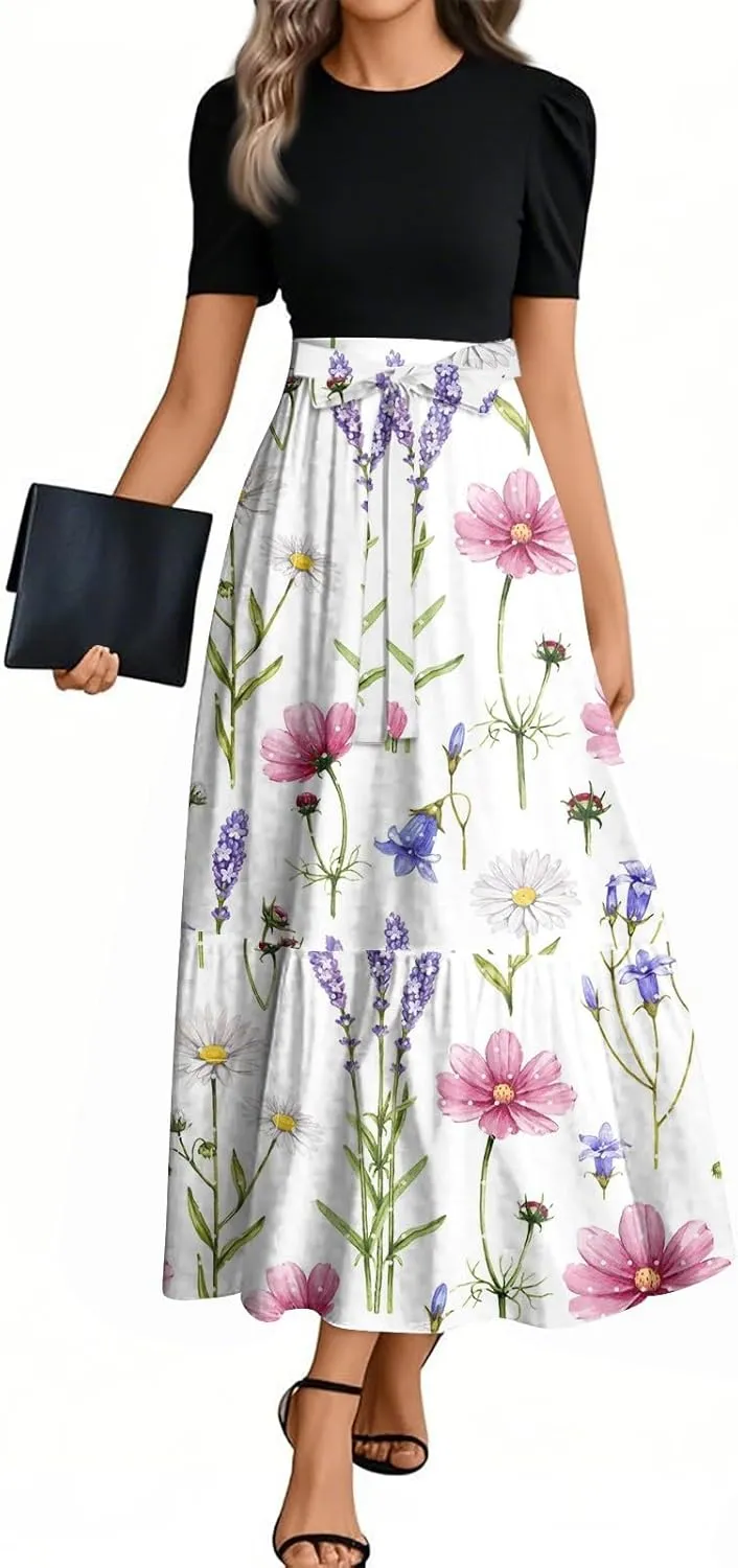 Wedding Guest Dresses for Women Summer Flowy Short Sleeve Floral Long Dress Elegant Party Cocktail A Line Flowy Maxi Dress