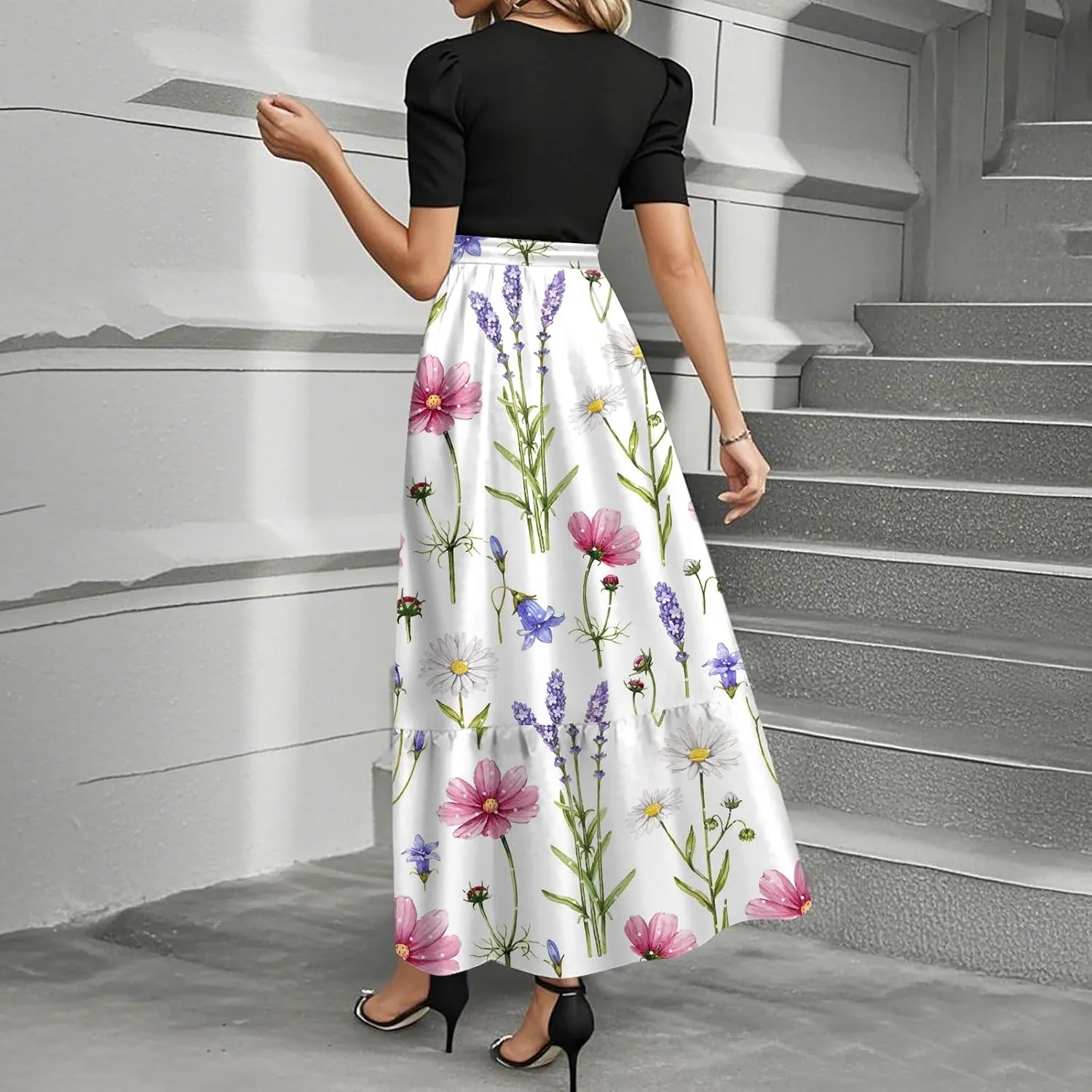Wedding Guest Dresses for Women Summer Flowy Short Sleeve Floral Long Dress Elegant Party Cocktail A Line Flowy Maxi Dress