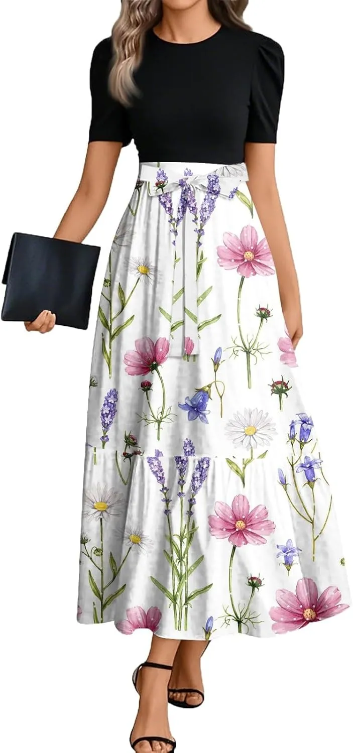 Wedding Guest Dresses for Women Summer Flowy Short Sleeve Floral Long Dress Elegant Party Cocktail A Line Flowy Maxi Dress