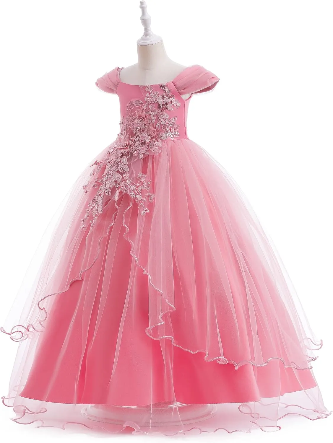 Weileenice Vintage Off The Shoulder Flower Girl Dress Lace Embroidery Little/Big Girls Wedding Bridesmaid Holiday Ballgown